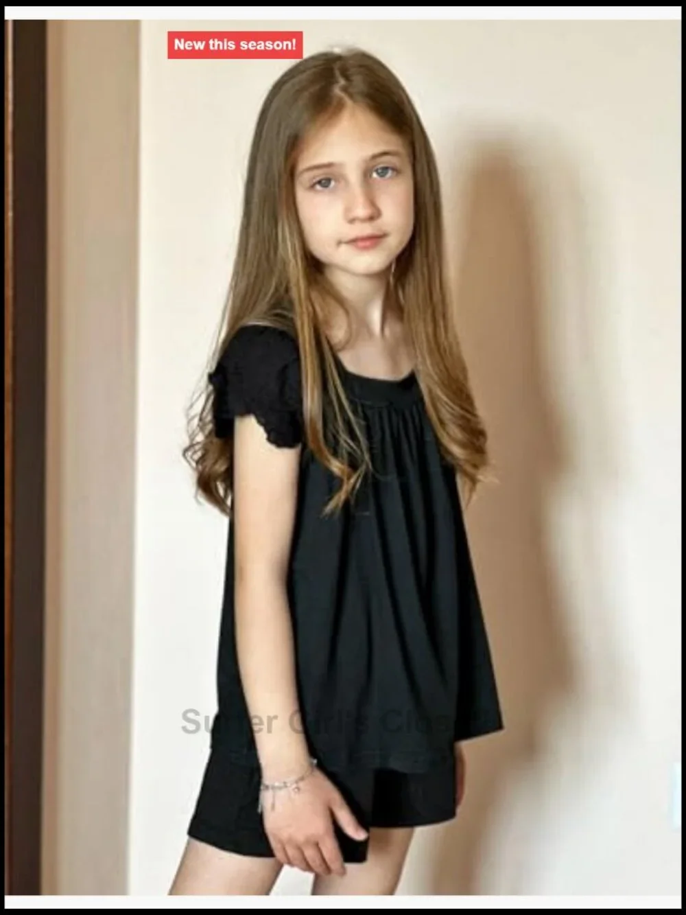 Girls Square Neck Short Sleeve Lace Pleated Blouse Tunic